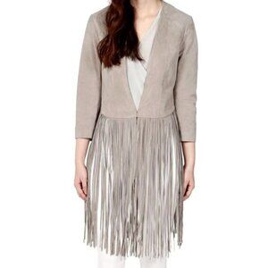 NWT Soia & Kyo Romie Collarless Light Grey Suede Long fringe  Boho Jacket XS